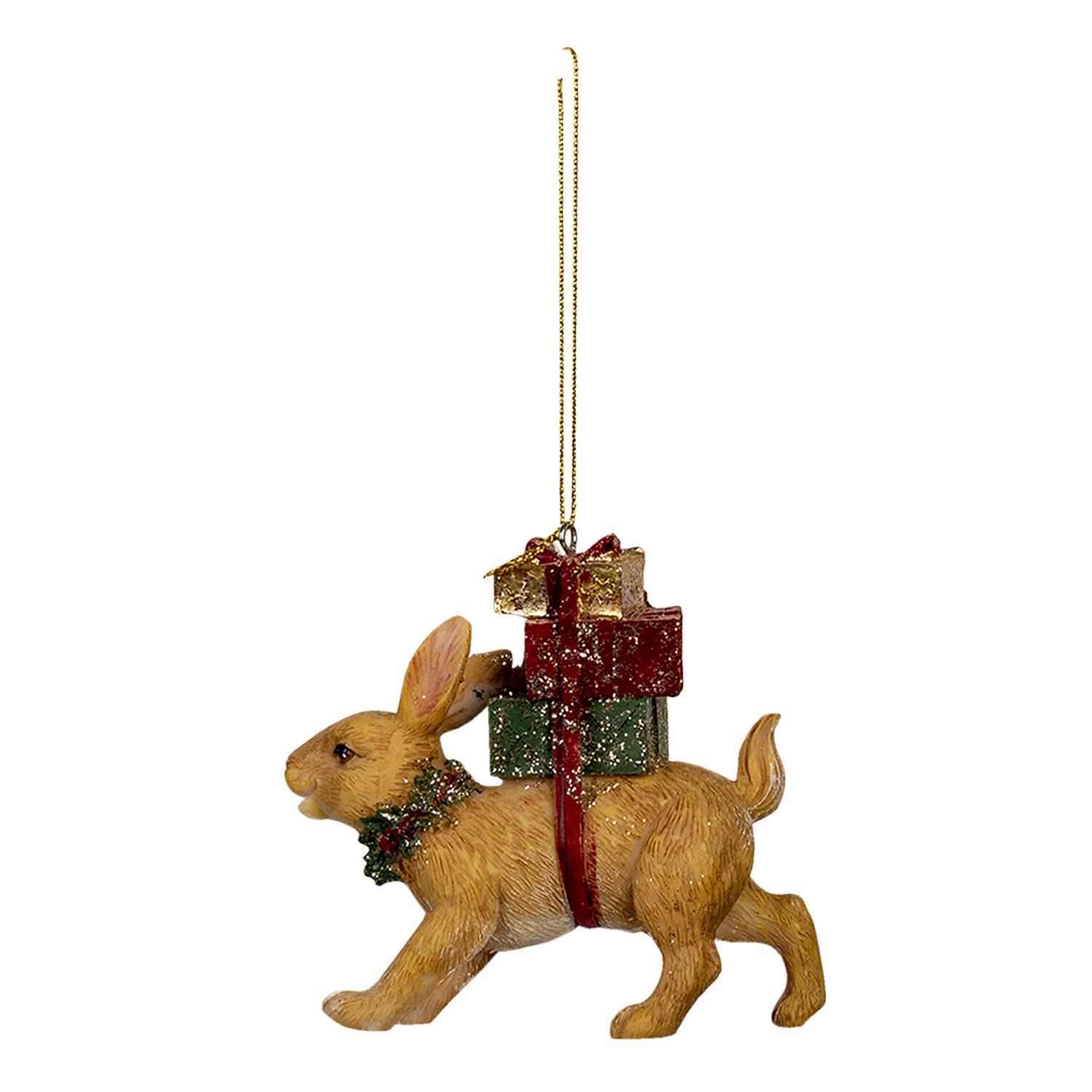 Závěsná vánoční dekorace zajíce s dárky - 9*3*9 cm Clayre & Eef - LaHome - vintage dekorace