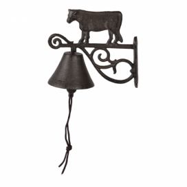 Hnědo černý litinový nástěnný zvonek s kravičkou - 8*15*20 cm Clayre & Eef