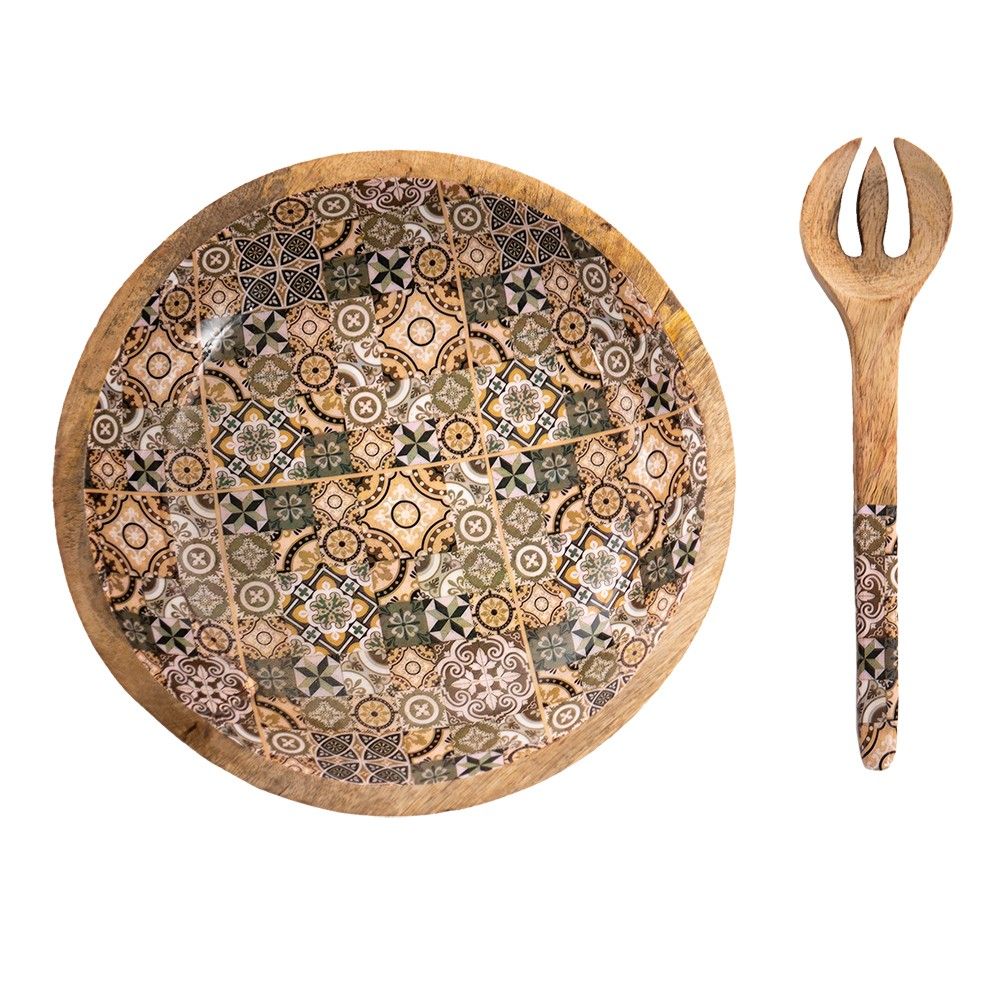 Dřevěná servírovací mísa se salátovou vidličkou a vnitřkem s ornamenty - Ø30*7 cm Clayre & Eef - LaHome - vintage dekorace