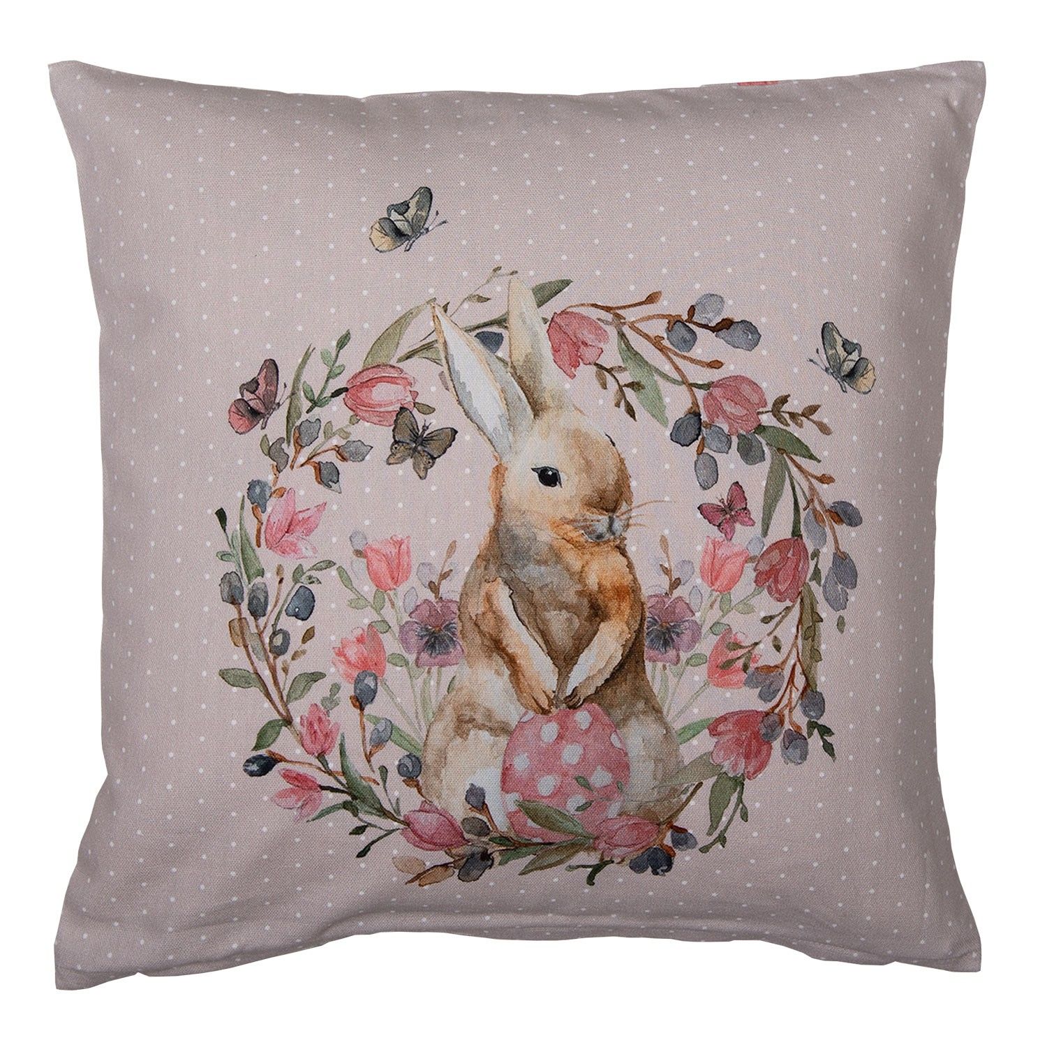 Béžový bavlněný povlak na polštář s králíčkem Happy Bunny  - 40*40 cm Clayre & Eef - LaHome - vintage dekorace