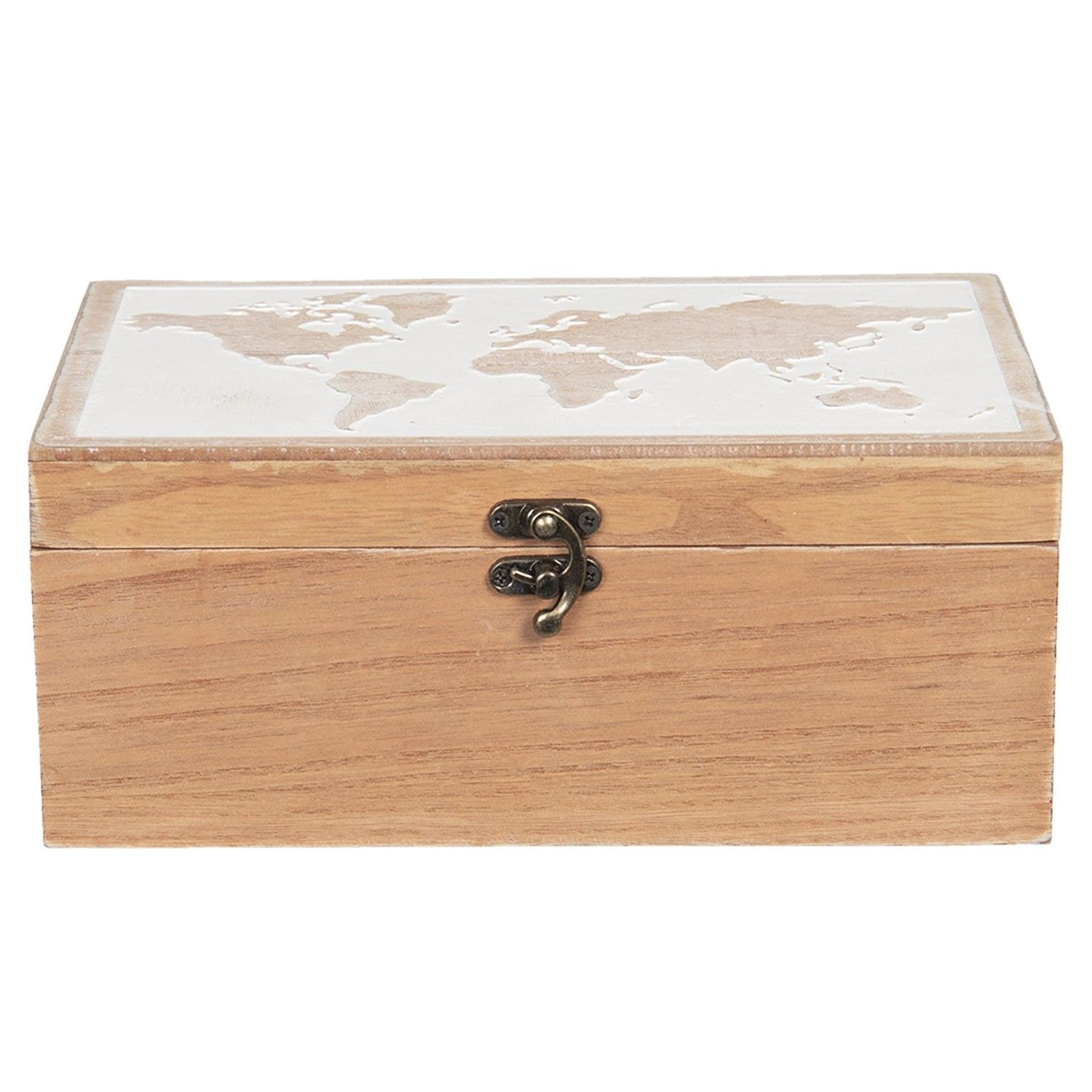Hnědý dřevěný box s mapou světa na víku - 24*16*10 cm Clayre & Eef - LaHome - vintage dekorace