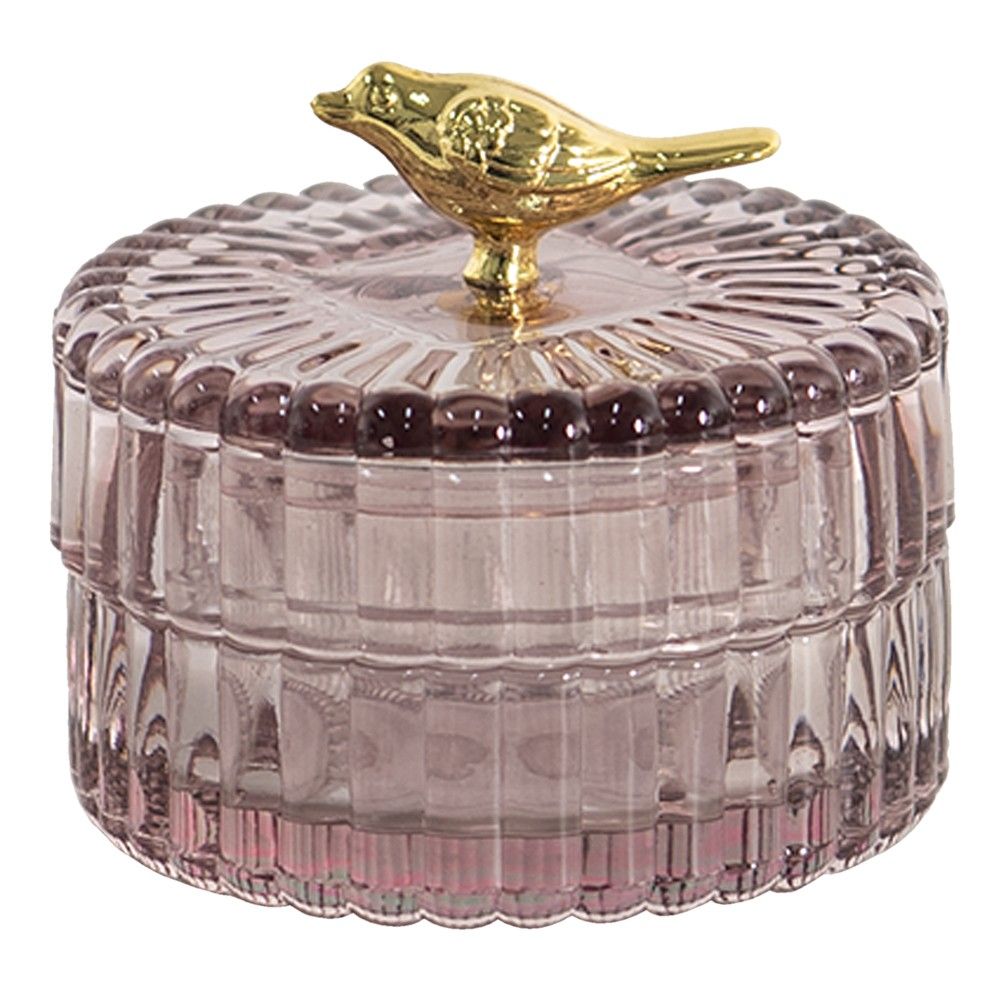 Růžová skleněná dóza na bonbóny s víčkem se zlatým ptáčkem - Ø8*7 cm Clayre & Eef - LaHome - vintage dekorace