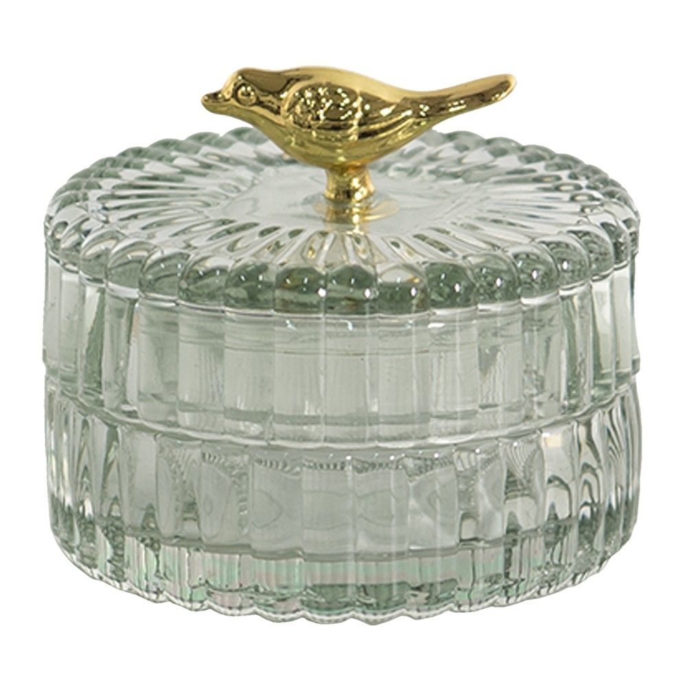 Zelená skleněná dóza na bonbóny s víčkem se zlatým ptáčkem - Ø 8*7 cm Clayre & Eef - LaHome - vintage dekorace