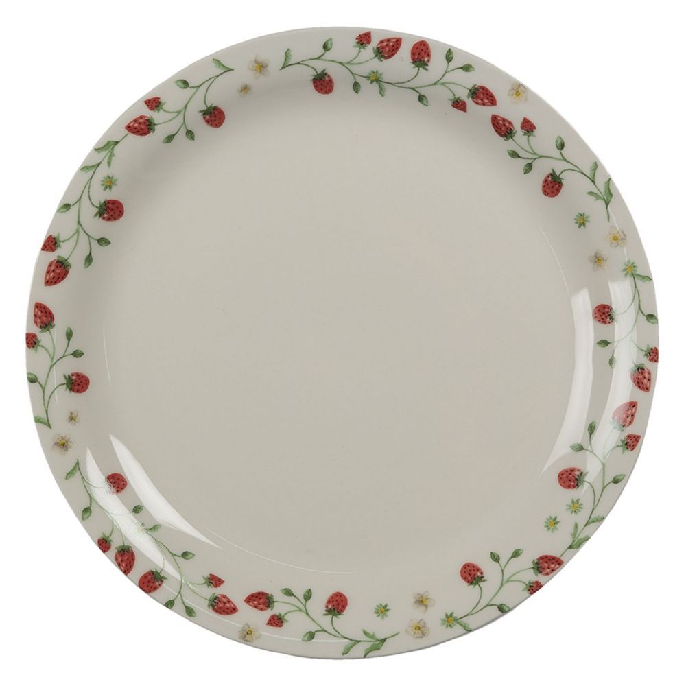 Krémový dezertní talířek s jahůdkami Wild Strawberries - Ø20*2 cm Clayre & Eef - LaHome - vintage dekorace