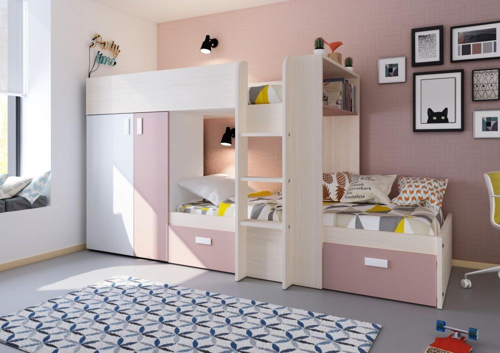 Aldo Patrová postel pro dvě děti Bo1 - bělená borovice, rosa pink - Nábytek ALDO
