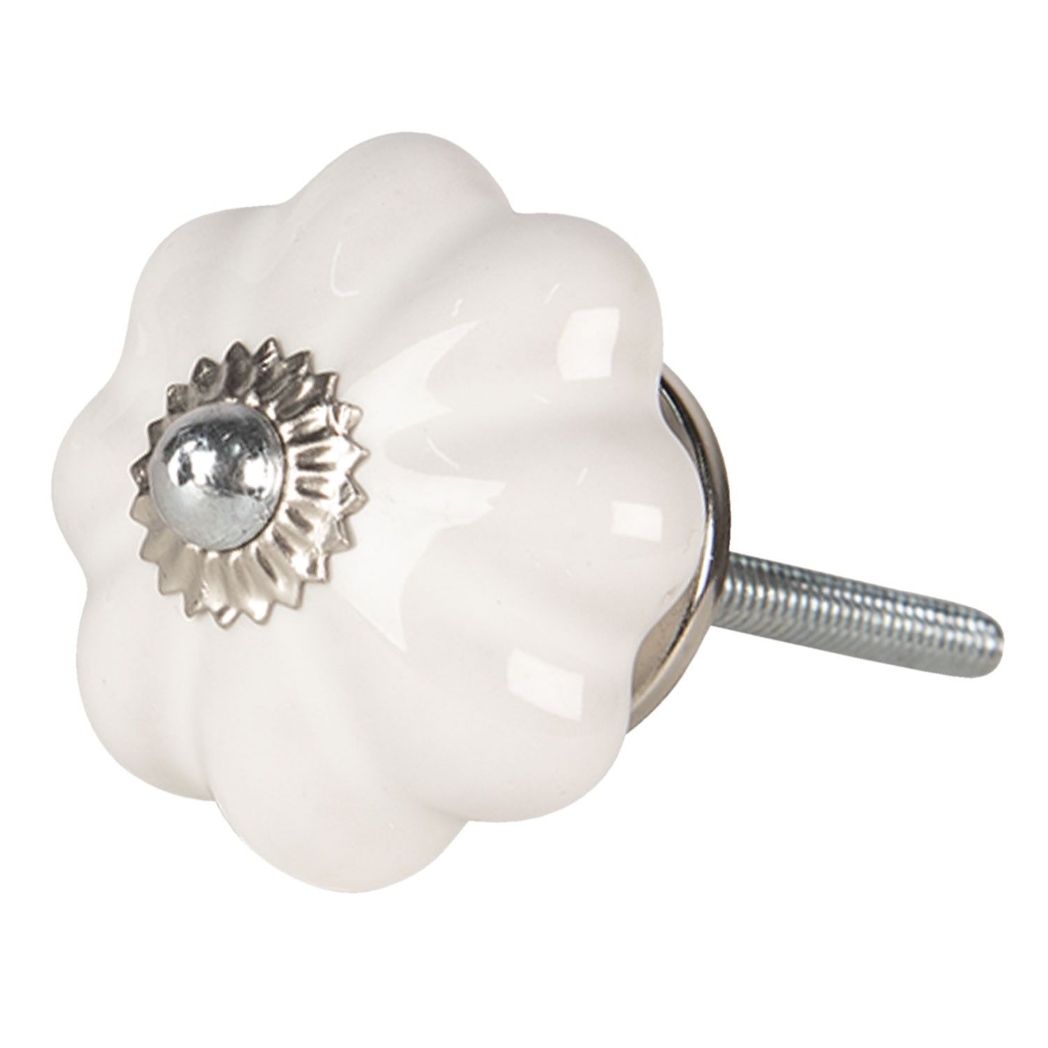 Lesklá bílá úchytka ve tvaru květiny se stříbrným koncem – Ø 4*4 cm Clayre & Eef - LaHome - vintage dekorace
