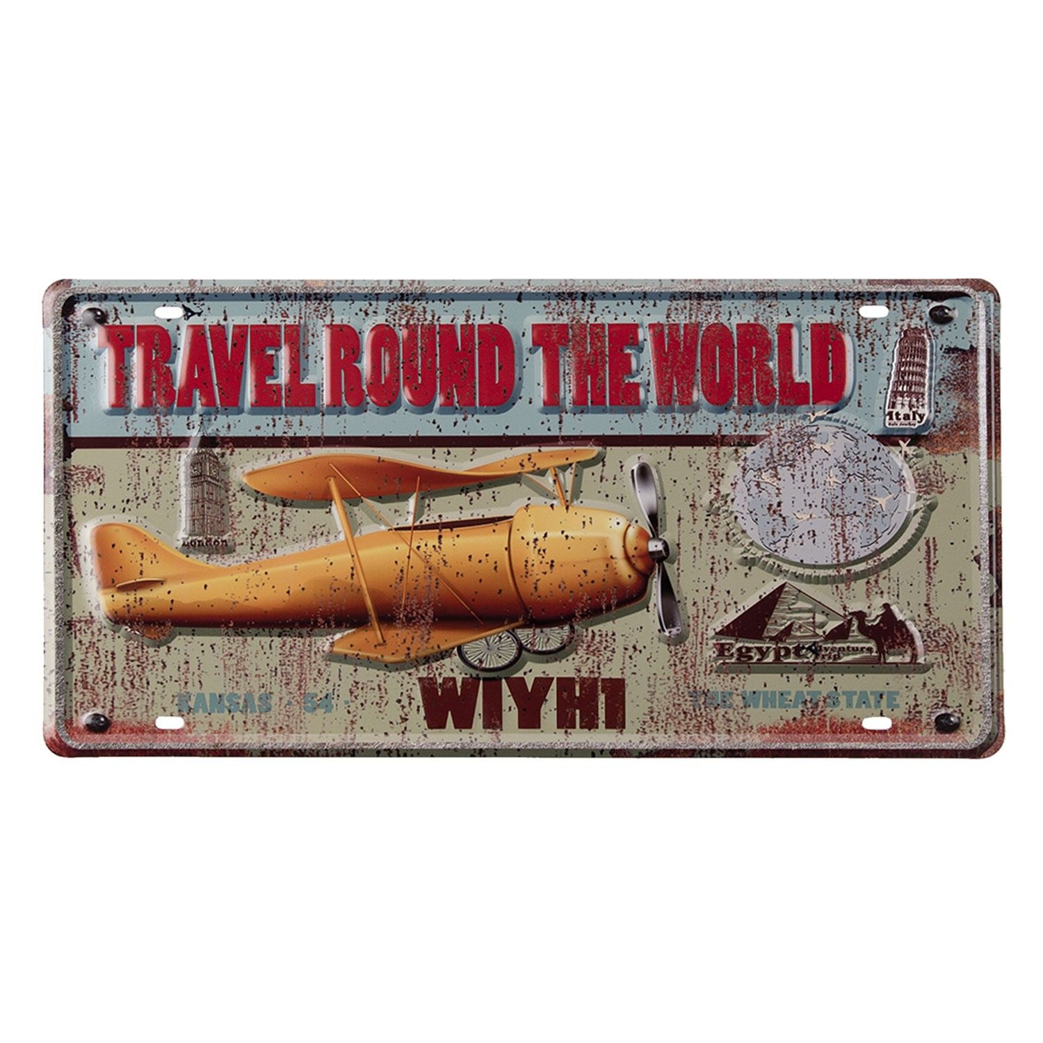 Nástěnná kovová cedule s letadlem Travel Round - 22*42 cm Clayre & Eef - LaHome - vintage dekorace