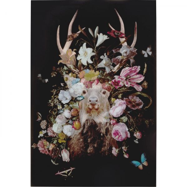 Skleněný obraz Jelen v květinách 80x120cm - KARE