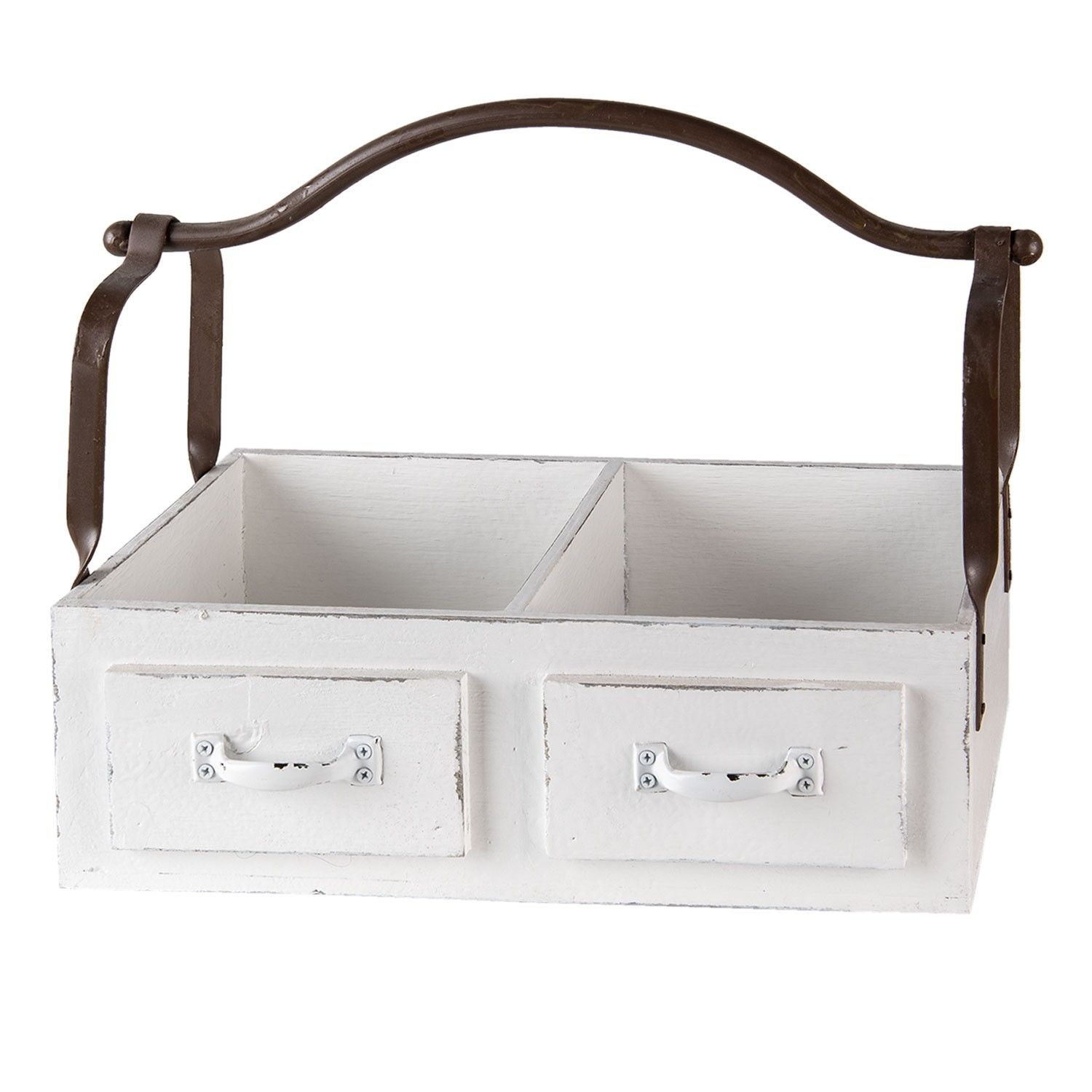 Bílý dřevěný retro box se dvěmi přihrádkami a kovovým uchem - 41*19*29 cm Clayre & Eef - LaHome - vintage dekorace