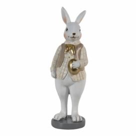 Dekorace králík v béžové košili držící zlaté vajíčko - 5*5*15 cm Clayre & Eef