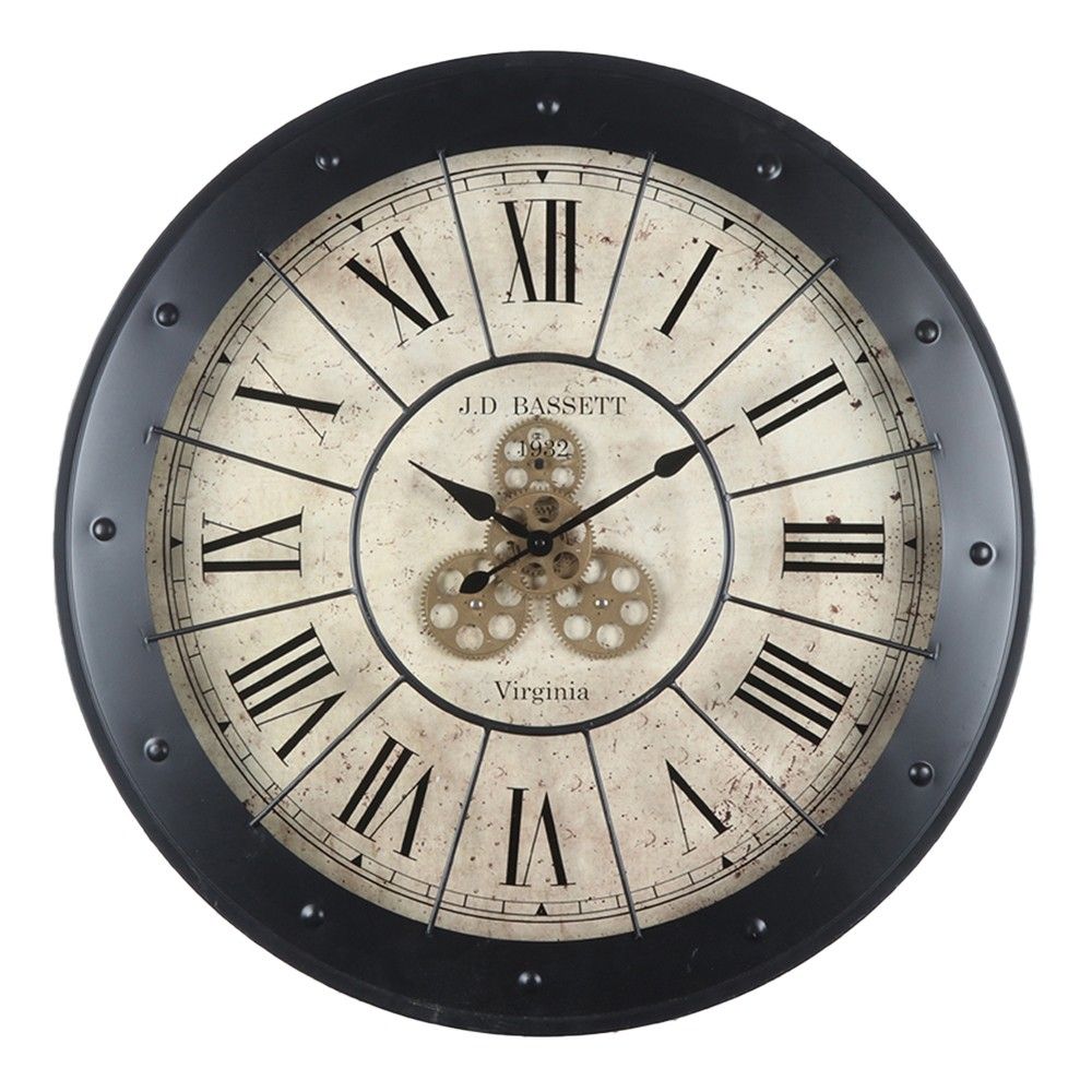 Černé kovové nástěnné hodiny s ozubenými kolečky Pit - Ø 80*9 cm Clayre & Eef - LaHome - vintage dekorace