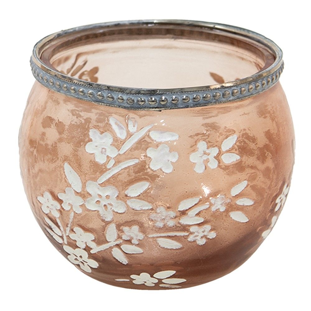 Béžovo-hnědý skleněný svícen na čajovou svíčku s květy Teane  - Ø10*8 cm Clayre & Eef - LaHome - vintage dekorace