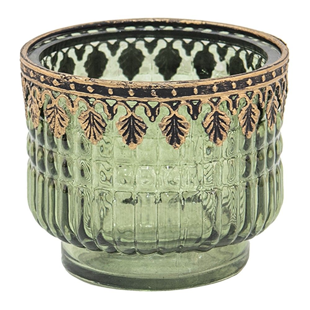 Zelený skleněný svícen na čajovou svíčku s kovovým lemem - Ø 9*8 cm Clayre & Eef - LaHome - vintage dekorace