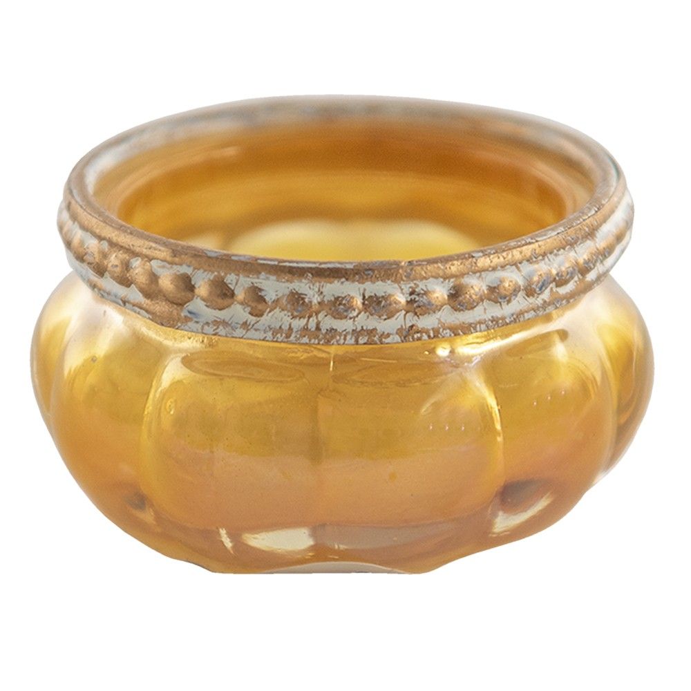 Žlutý skleněný svícen na čajovou svíčku s kovovým lemem - Ø6*4 cm Clayre & Eef - LaHome - vintage dekorace