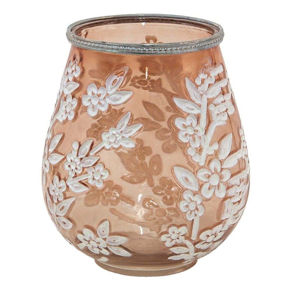 Béžovo-hnědý skleněný svícen na čajovou svíčku s květy Teane  - Ø 16*19 cm Clayre & Eef - LaHome - vintage dekorace