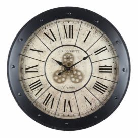 Černé kovové nástěnné hodiny s ozubenými kolečky Pit - Ø 80*9 cm Clayre & Eef