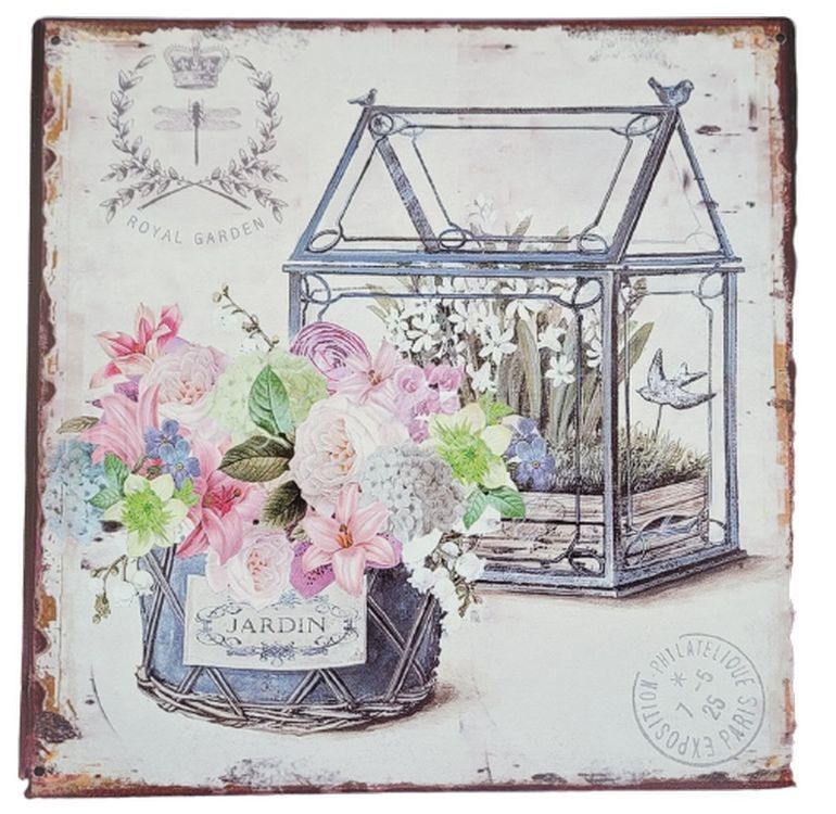 Nástěnná kovová cedule se skleníčkem a květy Jardin - 30*30 cm Ostatní - LaHome - vintage dekorace