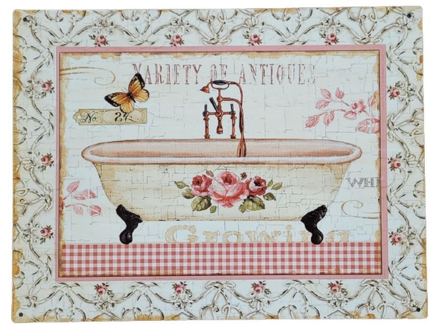 Nástěnná kovová cedule s vanou a květy Variety of Antiques - 33*25 cm Ostatní - LaHome - vintage dekorace