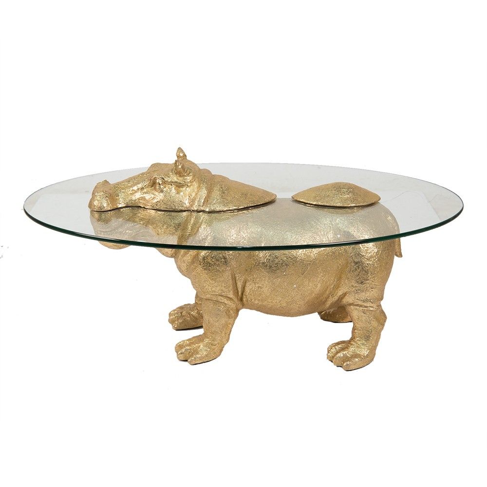 Skleněný odkládací stolek se zlatým hrošíkem Hippopotamus - 80*50*37 cm Clayre & Eef - LaHome - vintage dekorace