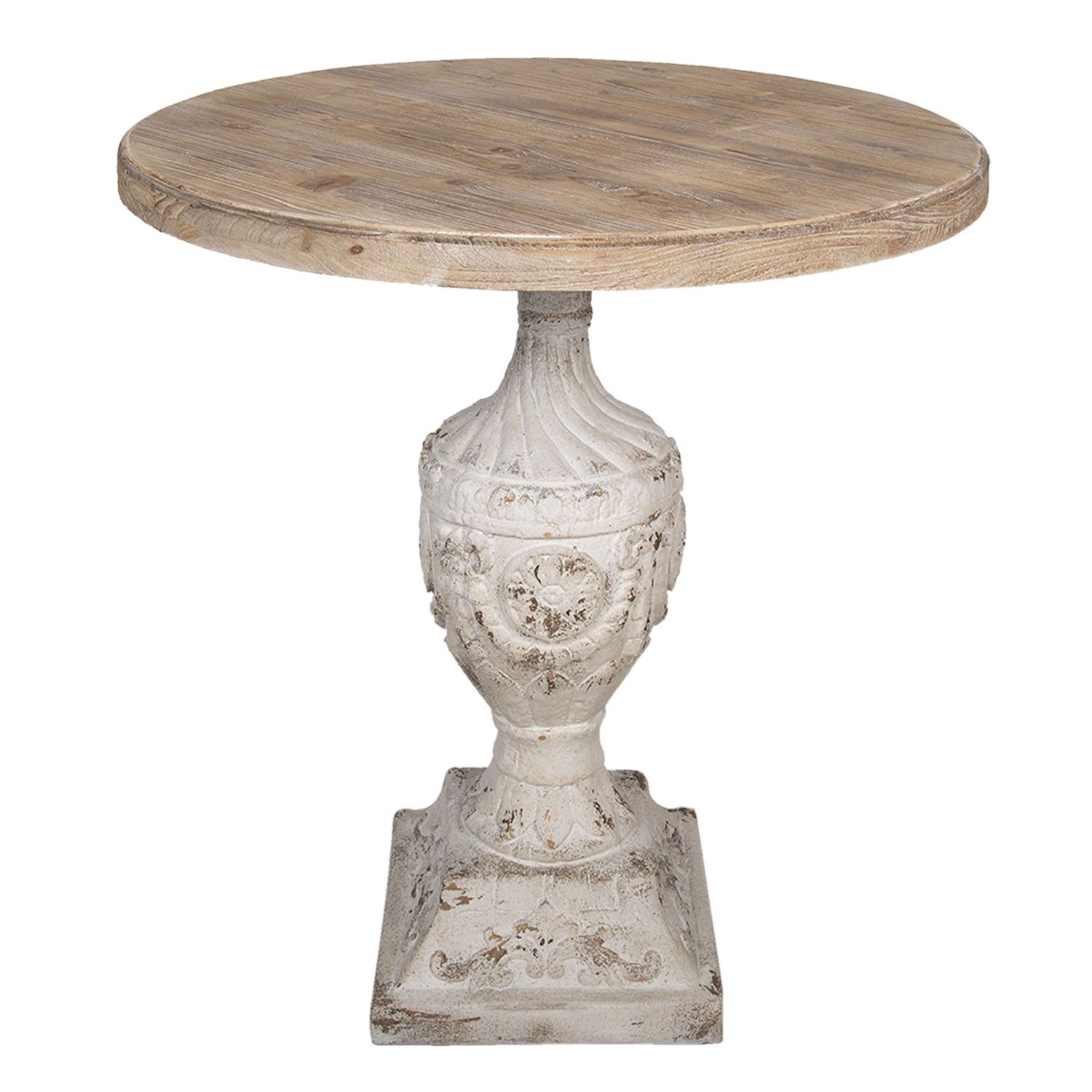 Bílo hnědý dřevěný odkládací stolek s patinou - Ø 76*78 cm Clayre & Eef - LaHome - vintage dekorace