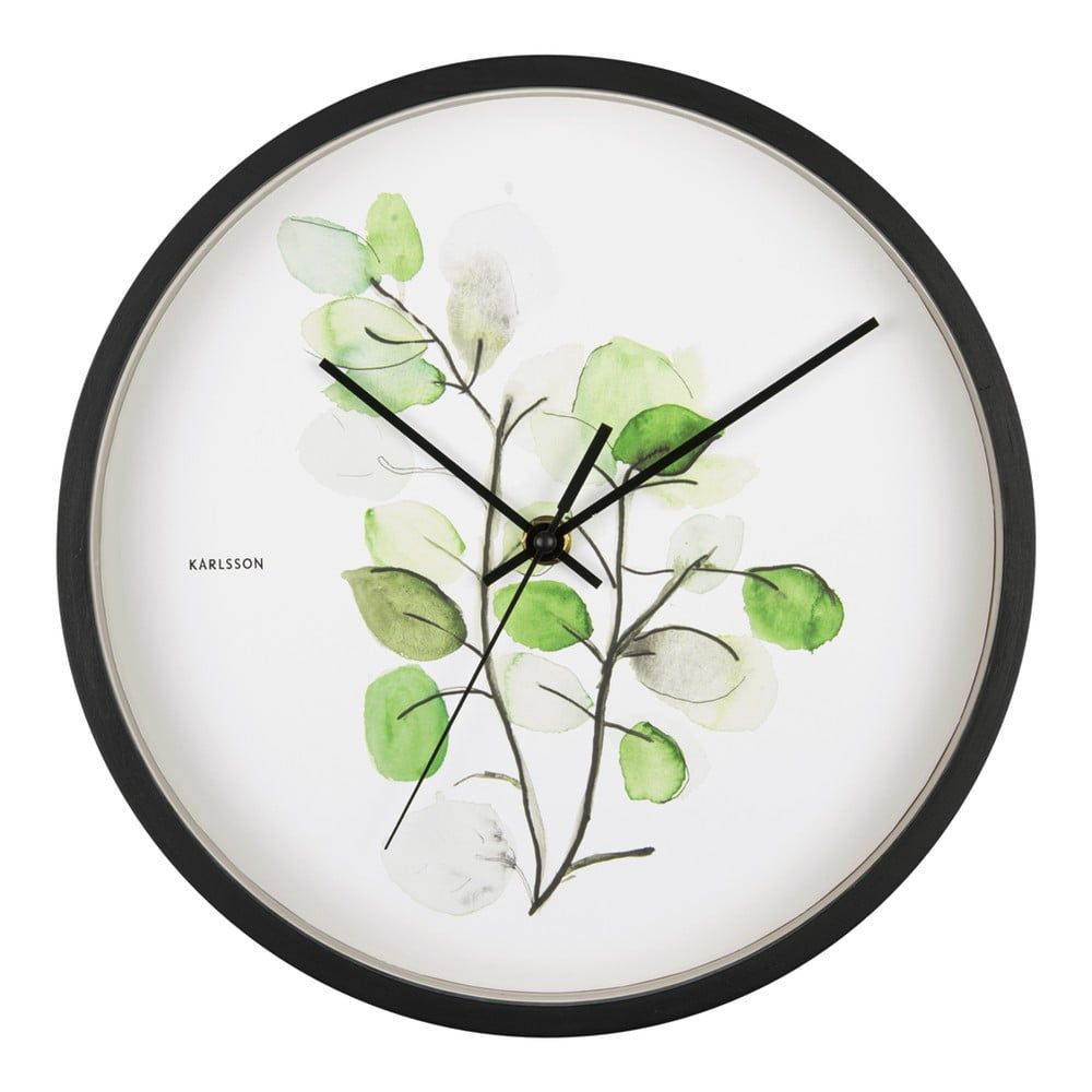 Zeleno-bílé nástěnné hodiny v černém rámu Karlsson Eucalyptus, ø 26 cm - Bonami.cz