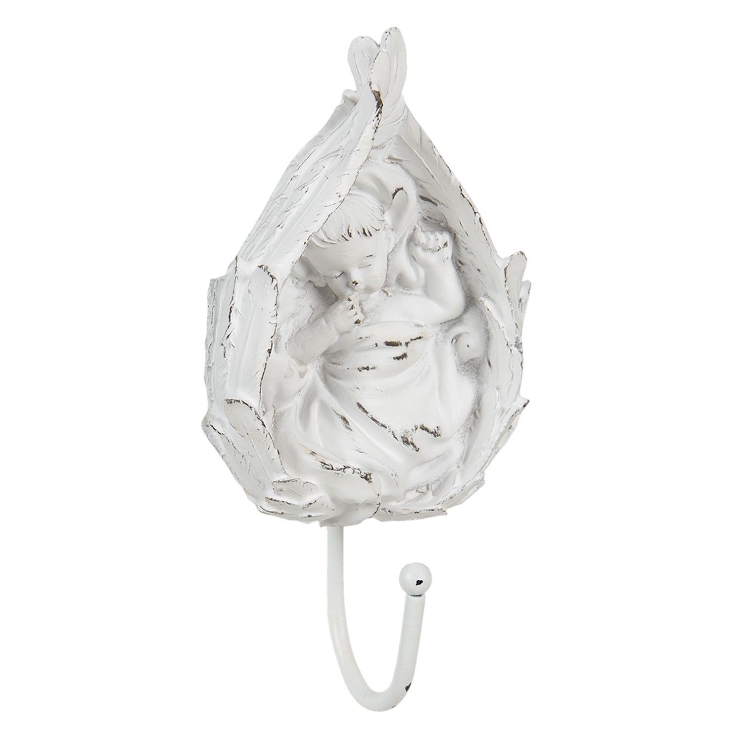Bílý antik nástěnný háček s andílkem - 8*5*17 cm Clayre & Eef - LaHome - vintage dekorace