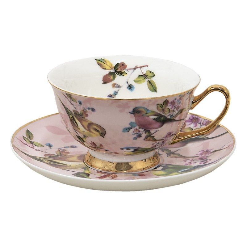Porcelánový šálek s podšálkem Bird Rosé - 11*9*6 / Ø 15*2 cm / 200 ml Clayre & Eef - LaHome - vintage dekorace