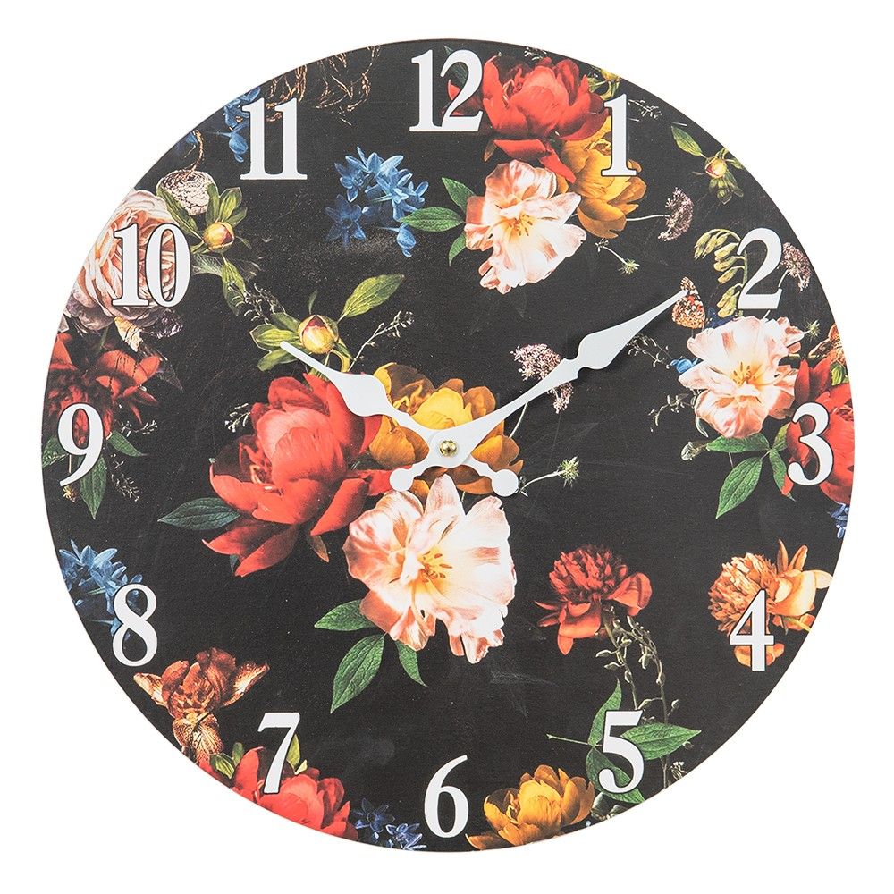 Černé nástěnné vintage hodiny s květy – Ø 34*4 cm / 1*AA Clayre & Eef - LaHome - vintage dekorace