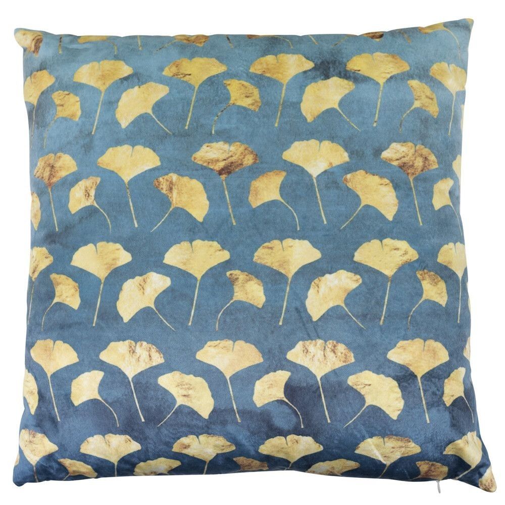 Modrý sametový polštář se zlatými listy Ginko - 45*45*10cm Mars & More - LaHome - vintage dekorace
