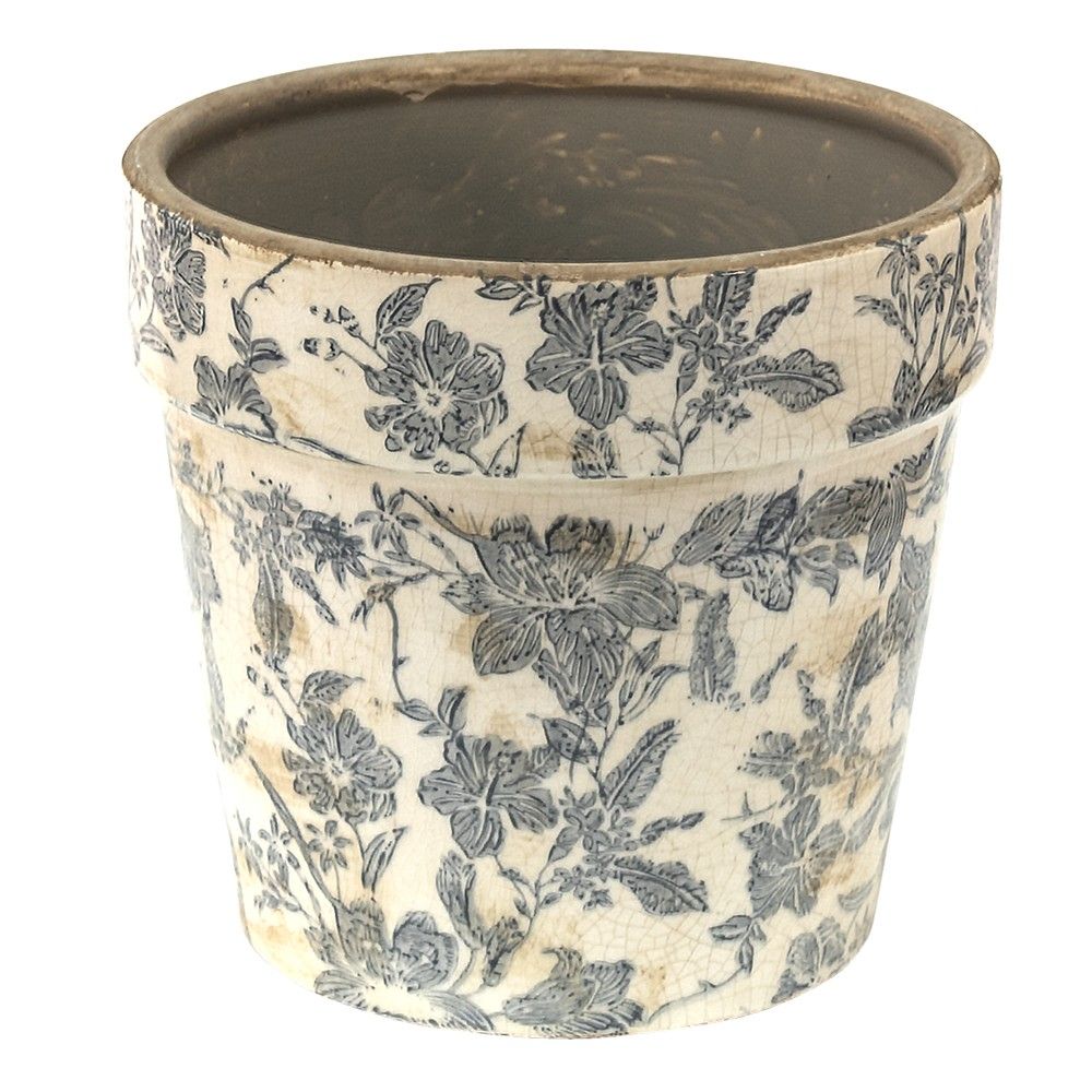 Keramický obal na květináč se šedými květy Mell French -  Ø 16*15 cm Clayre & Eef - LaHome - vintage dekorace