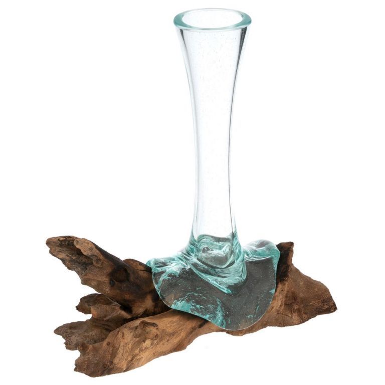 Foukaná skleněná váza na teakovém dřevě, 25 cm - Kokiskashop.cz