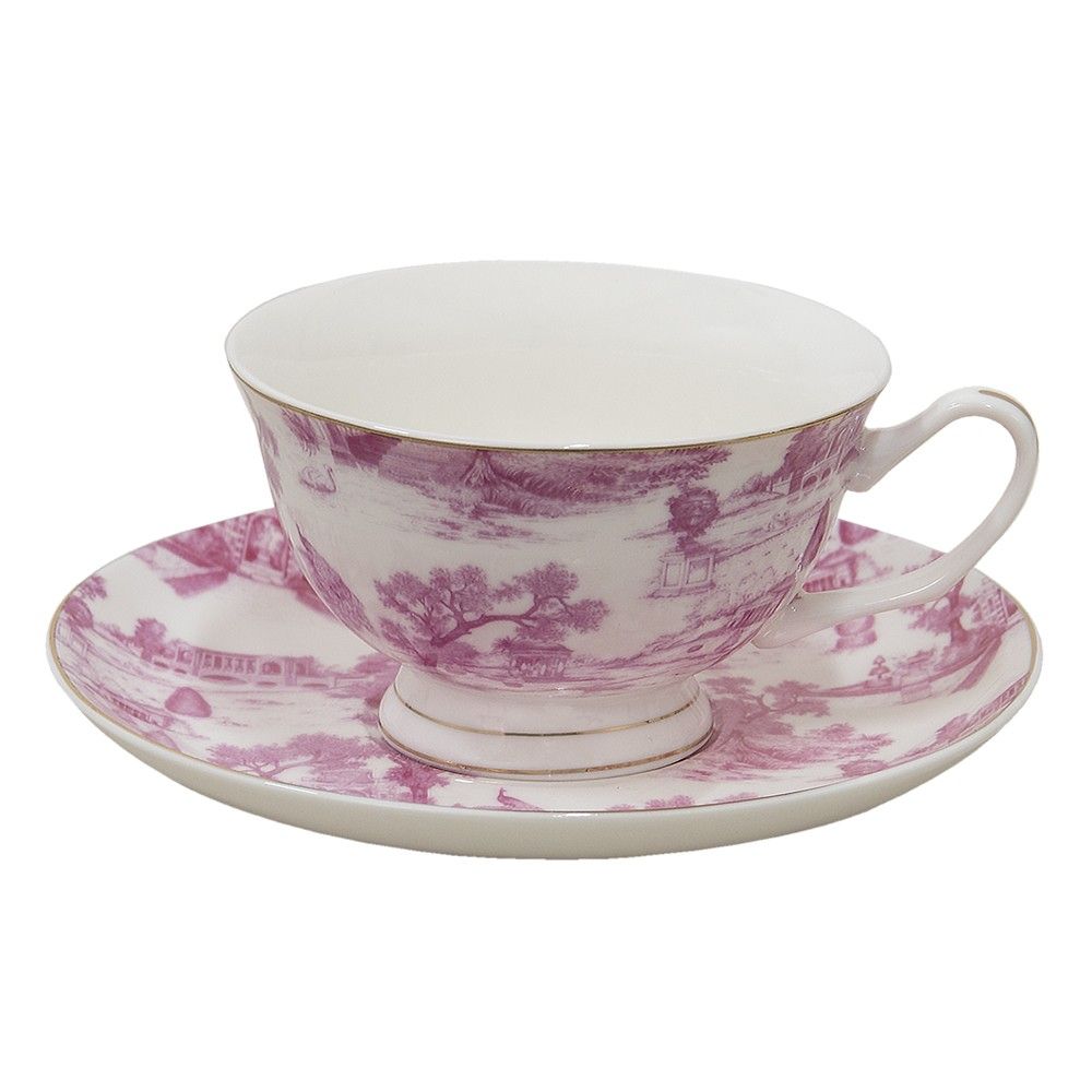 Bílo-růžový porcelánový šálek s podšálkem Chateau - Ø 10*6 / Ø 15*2 cm / 250 ml Clayre & Eef - LaHome - vintage dekorace