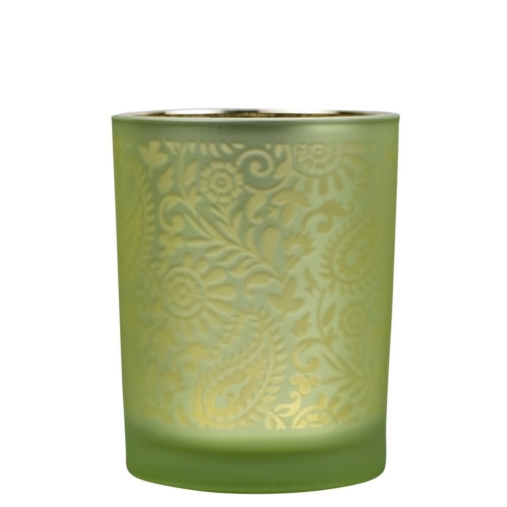 Zeleno stříbrný skleněný svícen s ornamenty Paisley vel.M - Ø10*12,5cm Mars & More - LaHome - vintage dekorace