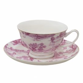 Bílo-růžový porcelánový šálek s podšálkem Chateau - Ø 10*6 / Ø 15*2 cm / 250 ml Clayre & Eef