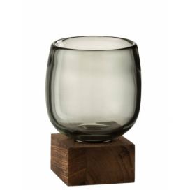 Skleněný svícen / váza na dřevěném podnosu - 10*10*14 cm J-Line by Jolipa