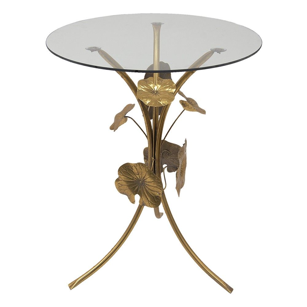 Zlatý antik kovový stolek s listy a skleněnou deskou Lave - Ø 60*76 cm Clayre & Eef - LaHome - vintage dekorace