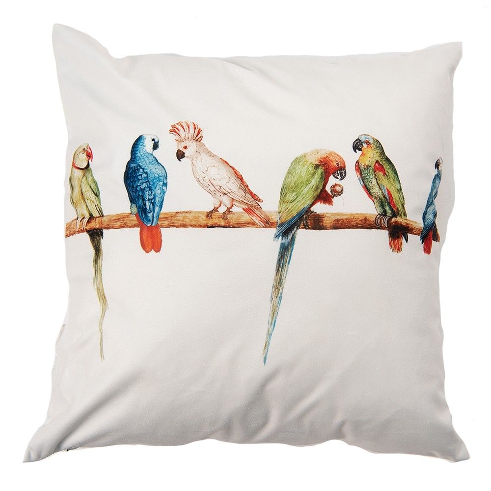 Bílý povlak na polštář s papoušky na tyči - 45*45 cm Clayre & Eef - LaHome - vintage dekorace