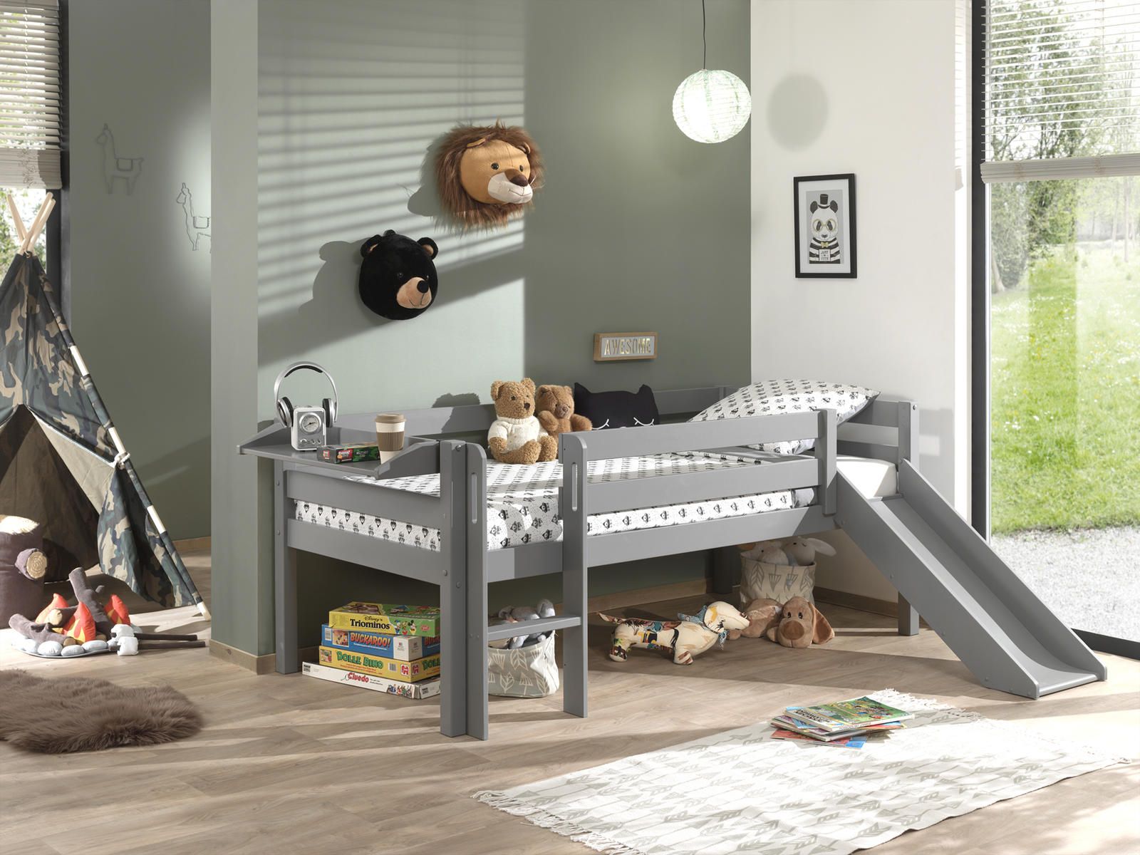 Aldo Dětská postel z masivu s klouzačkou Pino grey - Nábytek ALDO