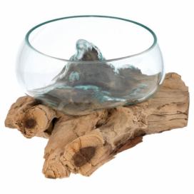 Foukaná skleněná miska na teakovém dřevě, 15 cm