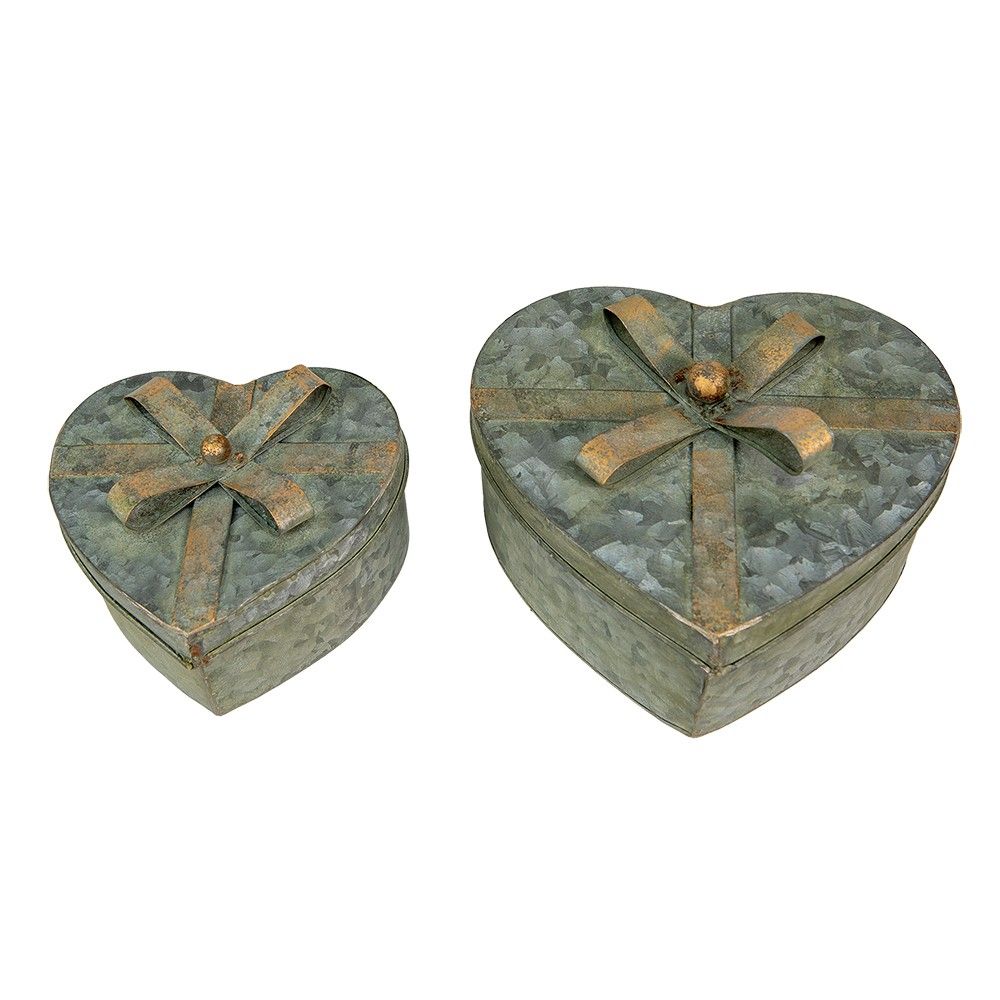 2ks dekorační antik plechové boxy srdce s mašlemi - 24*22*14 / 18*16*11 cm Clayre & Eef - LaHome - vintage dekorace