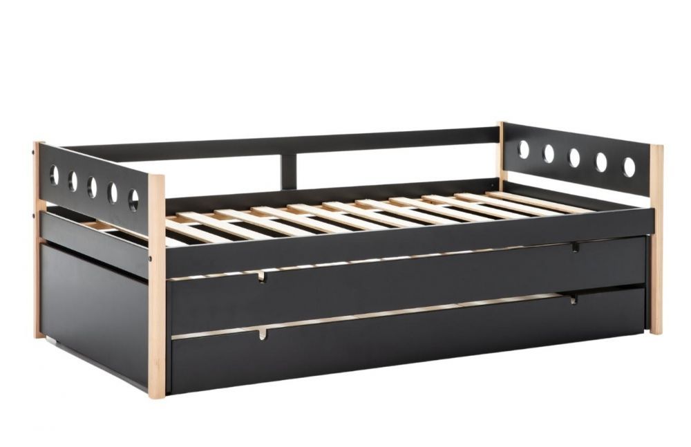 Antracitově šedá lakovaná postel Marckeric Compte 90 x 190 cm s výsuvným lůžkem a zásuvkou - Designovynabytek.cz