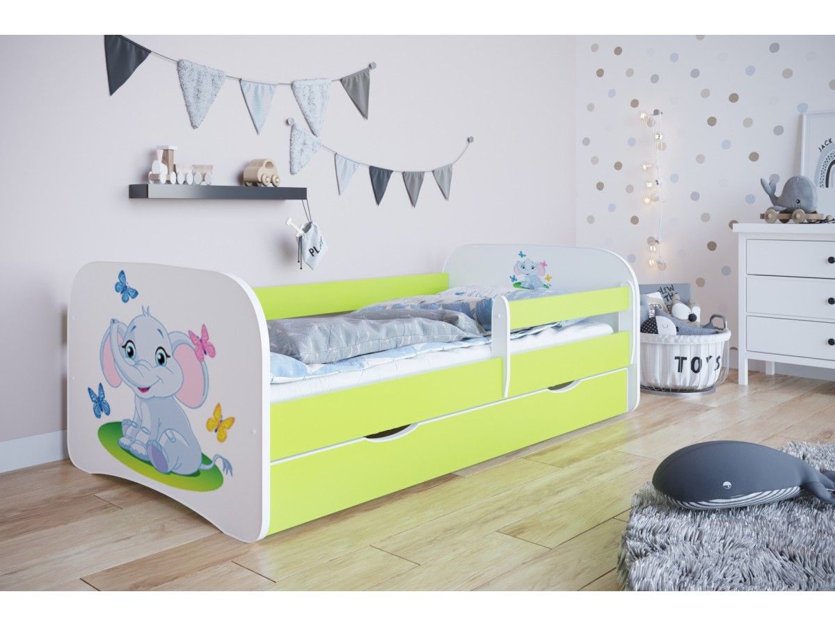 Kocot kids Dětská postel Babydreams slon s motýlky zelená, varianta 70x140, bez šuplíků, bez matrace - Houseland.cz