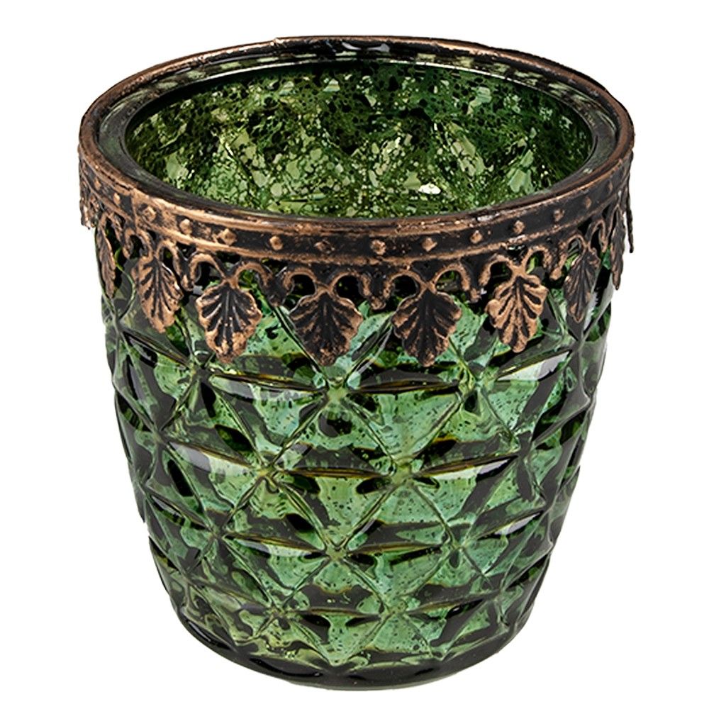 Zelený skleněný svícen na čajovou svíčku se zdobným okrajem - Ø 9*9 cm Clayre & Eef - LaHome - vintage dekorace