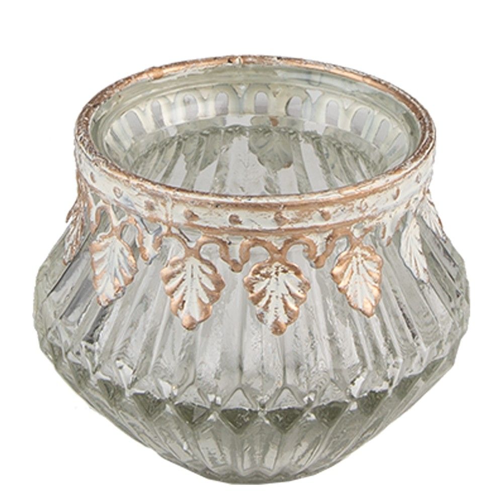 Transparentní skleněný svícen na čajovou svíčku se zdobným okrajem - Ø 7*6 cm Clayre & Eef - LaHome - vintage dekorace