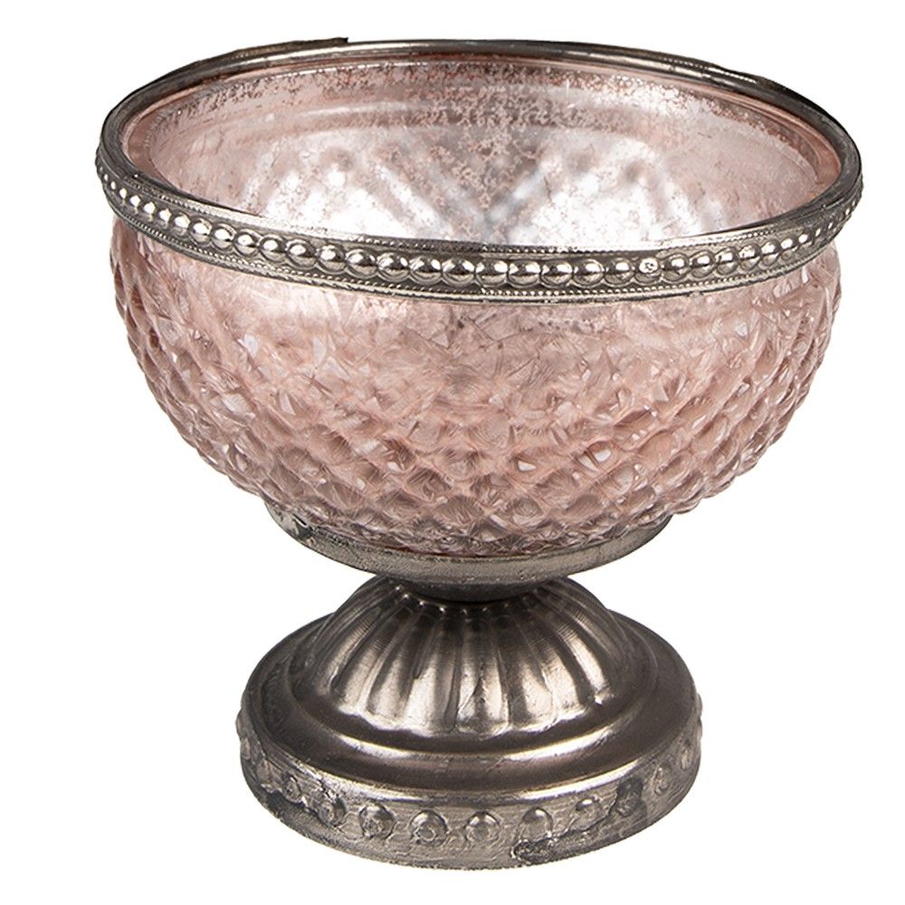 Růžový skleněný svícen na čajovou svíčku se zdobným okrajem - Ø 11*10 cm Clayre & Eef - LaHome - vintage dekorace