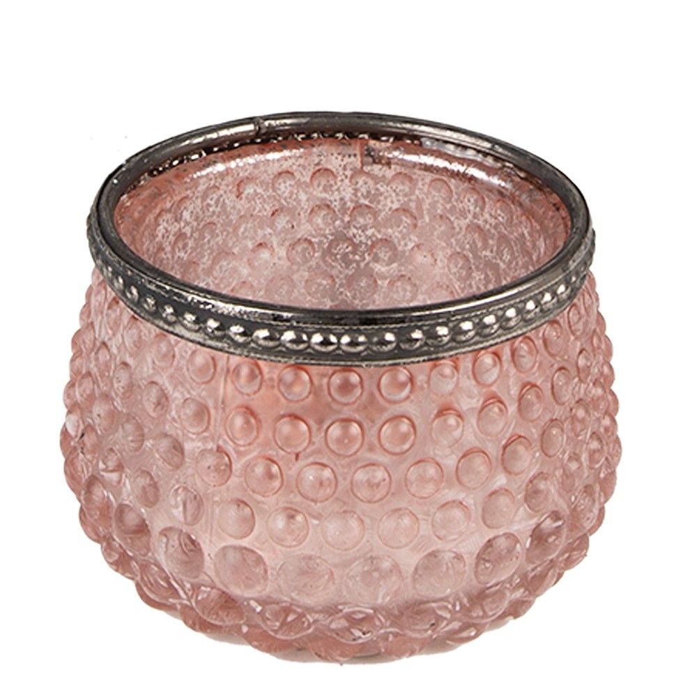 Růžový skleněný svícen na čajovou svíčku se zdobným okrajem - Ø  8*6 cm Clayre & Eef - LaHome - vintage dekorace