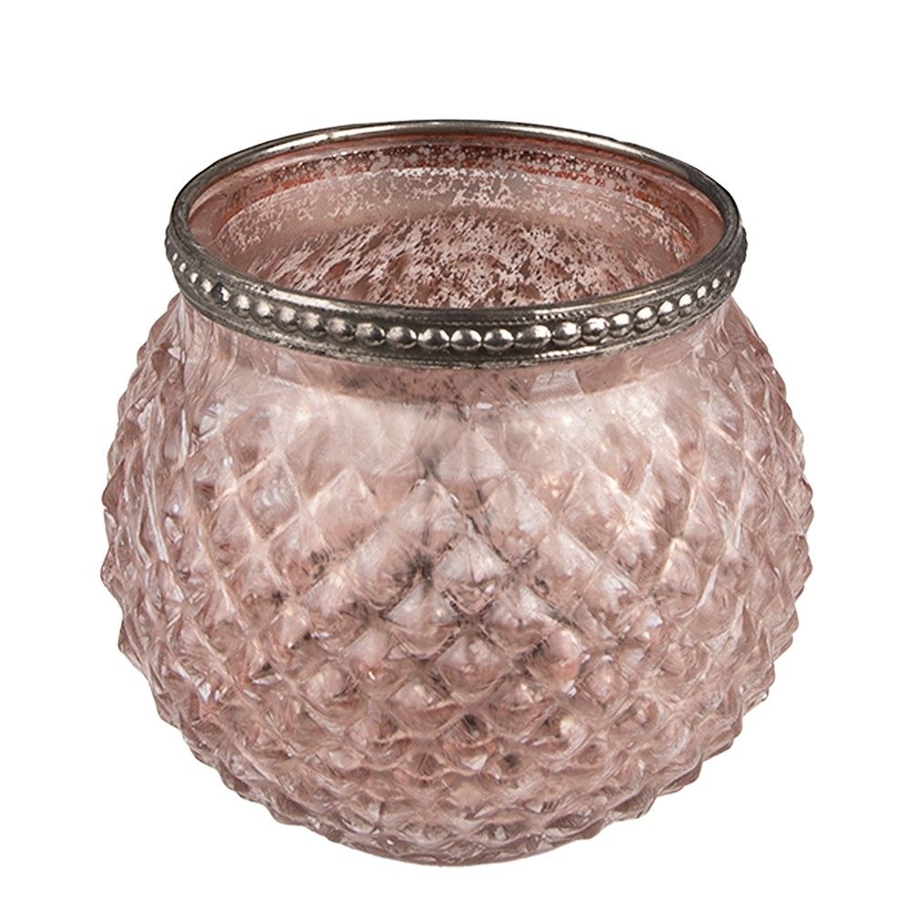 Růžový skleněný svícen na čajovou svíčku se zdobným okrajem - Ø10*9 cm Clayre & Eef - LaHome - vintage dekorace