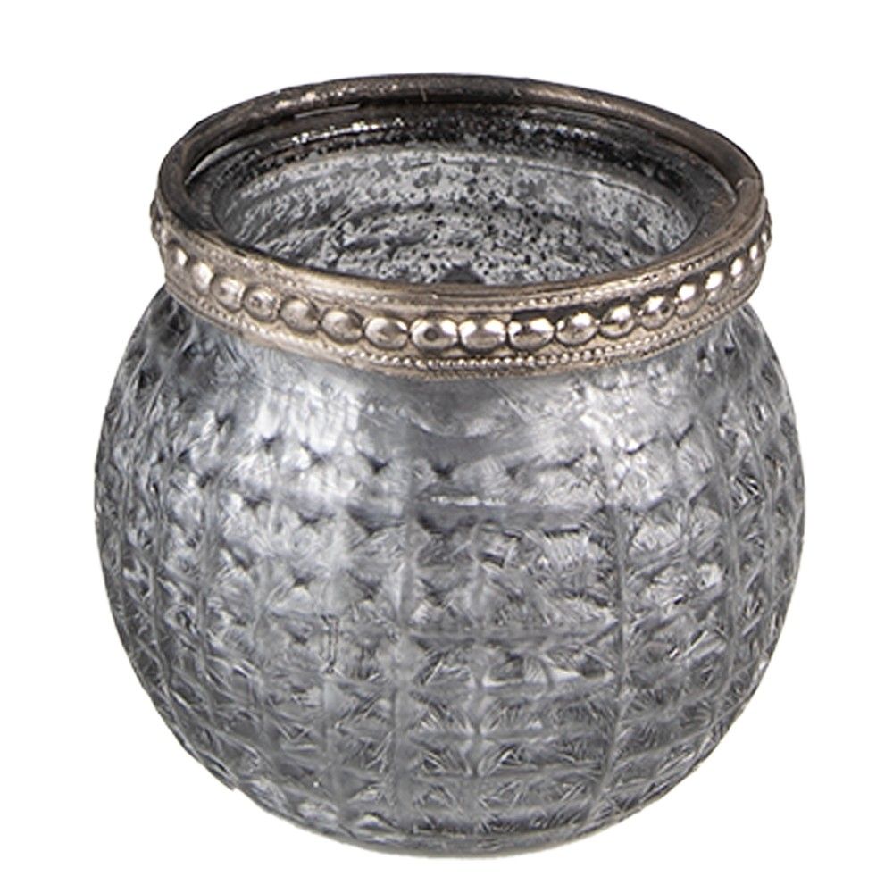 Šedý skleněný svícen na čajovou svíčku se zdobným lemem - Ø 6*5 cm Clayre & Eef - LaHome - vintage dekorace