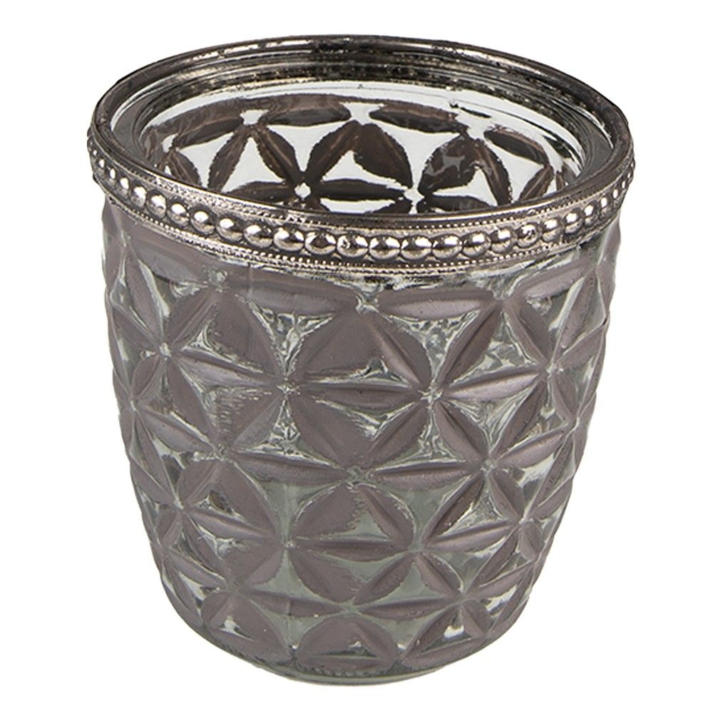 Šedý skleněný svícen na čajovou svíčku se zdobným lemem - Ø 7*7 cm Clayre & Eef - LaHome - vintage dekorace