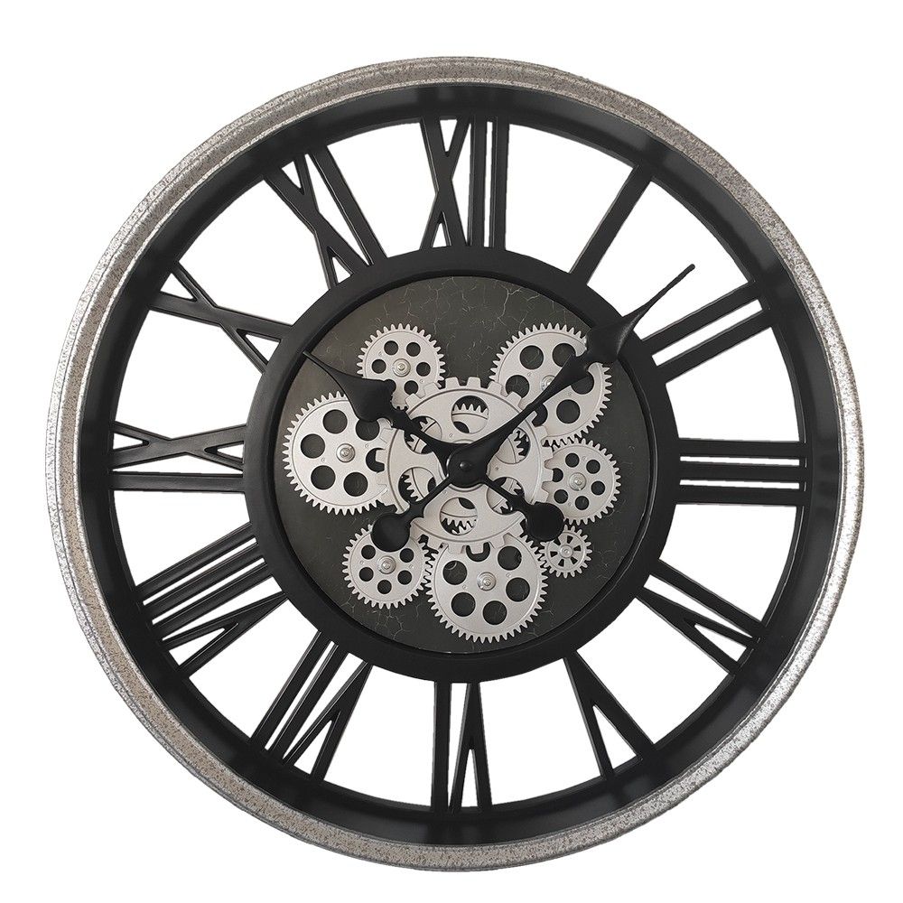 Stříbrno-černé hodiny s ozubenými kolečky Pion - Ø 51*8 cm / 3*AA Clayre & Eef - LaHome - vintage dekorace
